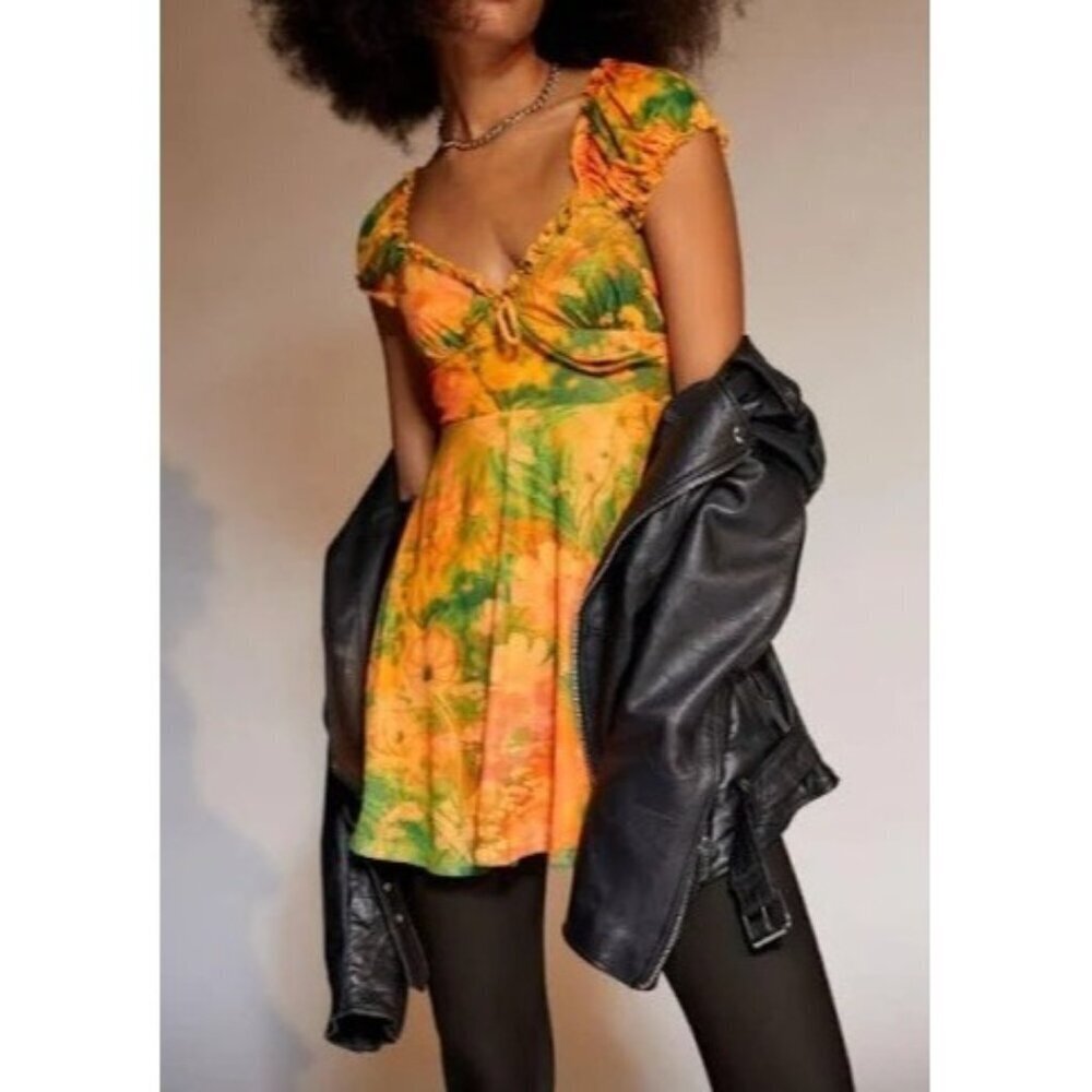 Urban Outfitters Audrey Mesh Mini Dress Size SMALL Orange Colors Abstract Floral